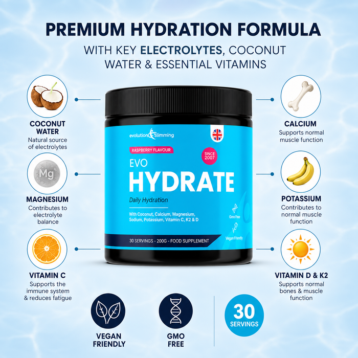 EVO Hydrate Raspberry Electrolyte Powder | Daily Hydration with Coconut Water, Magnesium, Potassium & Vitamins | 30 Servings