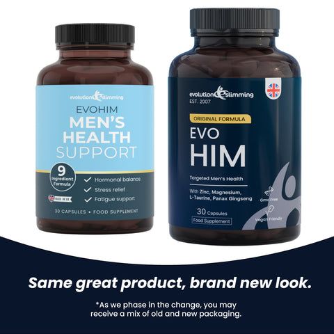 EvoHim Men's Health Supplement old and new packaging