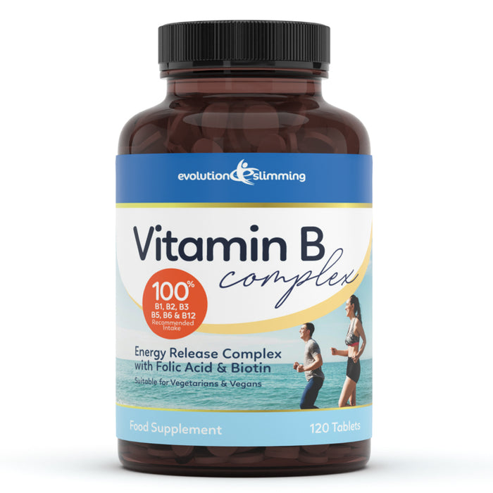 Comprimidos de complejo de vitamina B, 100 % RDA, aptos para vegetarianos y veganos.